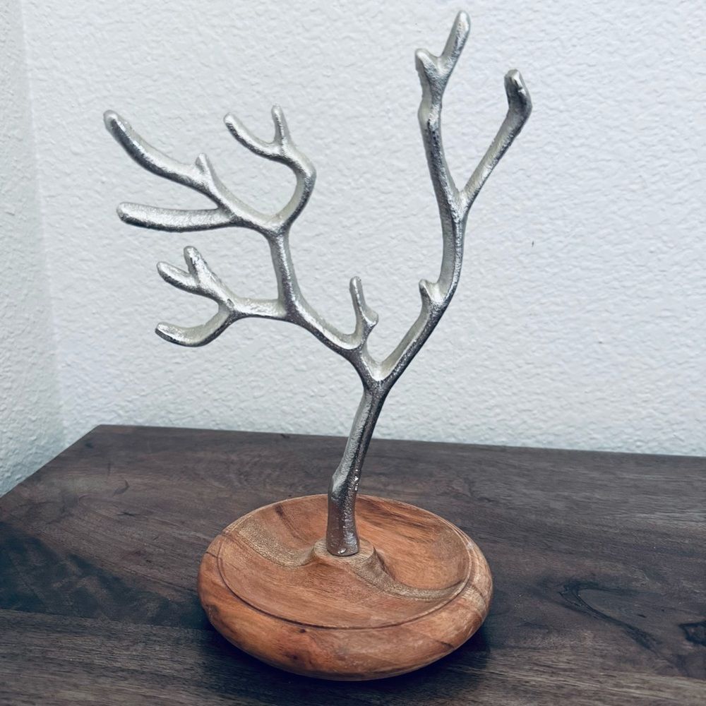 Silver Wood Base Metal Jewelry Tree Display Stand Organizer